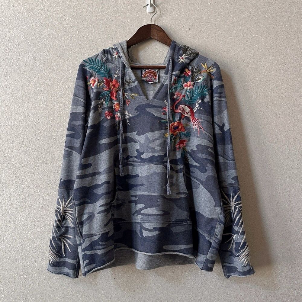 Johnny Was Nohea Camo Hoodie Medium Embroidered French Terry Raw Edge Women's - Picture 2 of 5